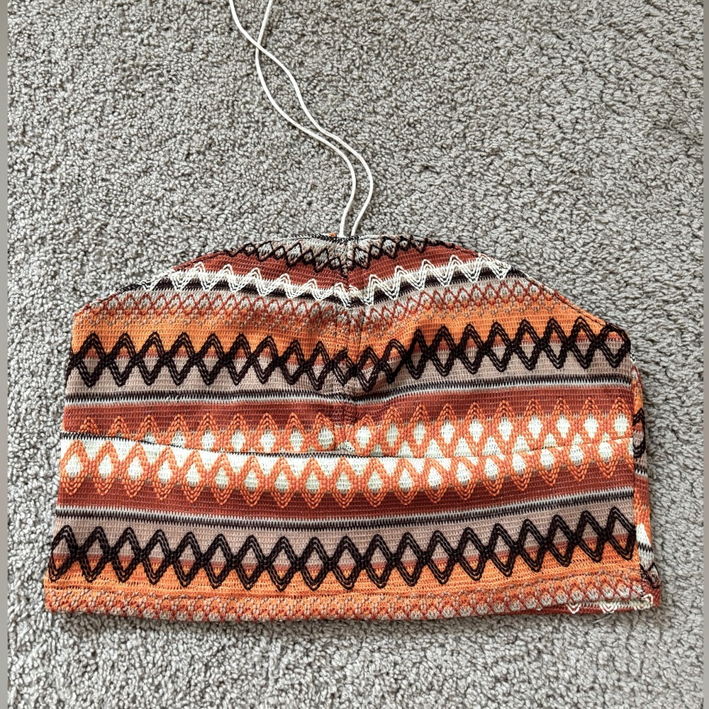 Tie Neck Crop Top Orange & Brown Boho Hippie Moana Women’s M